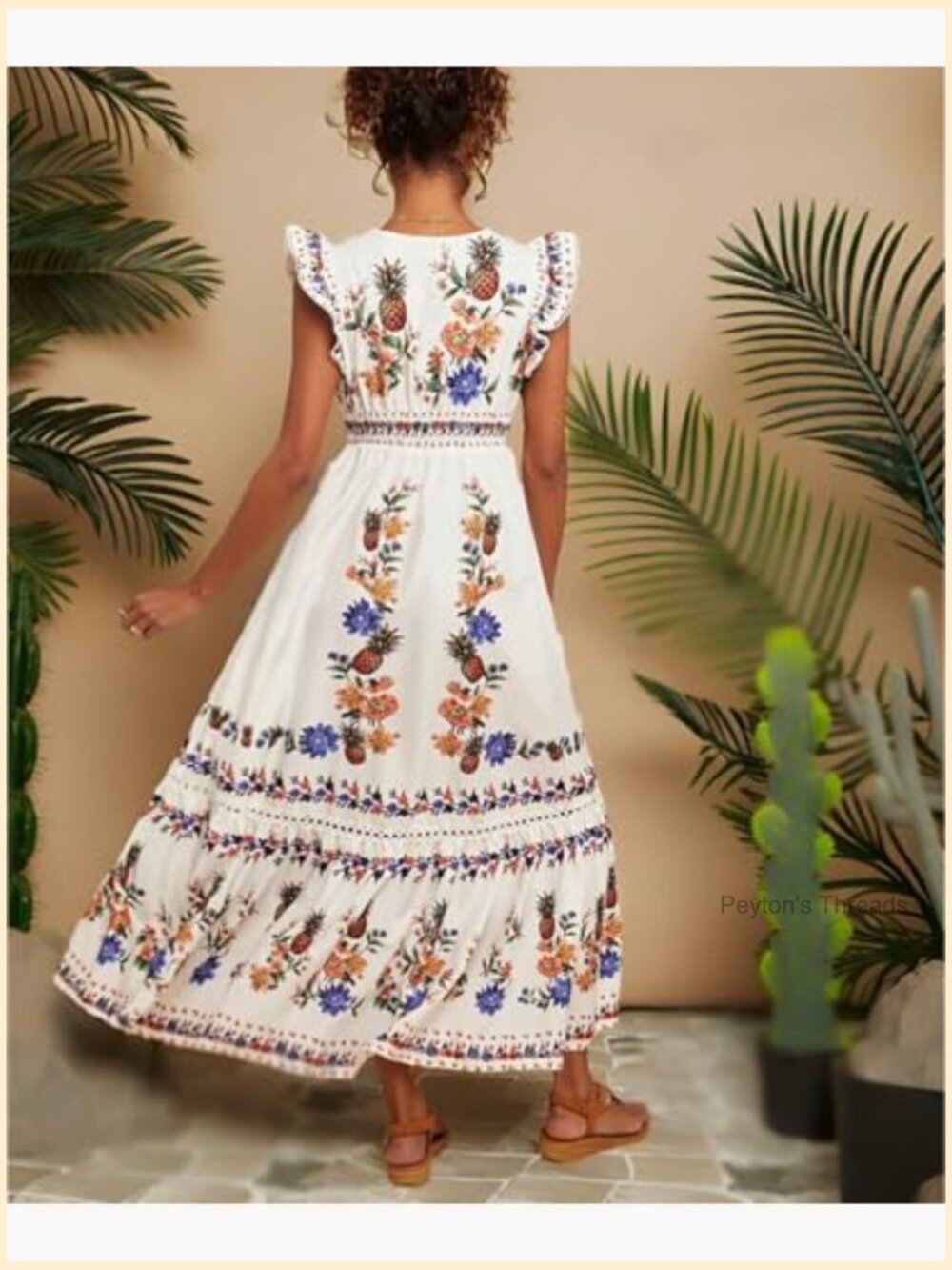 V Neck Cap Sleeve Maxi Dress Fruit Floral Print Elastic Waist Summer Casual - Picture 3 of 5
